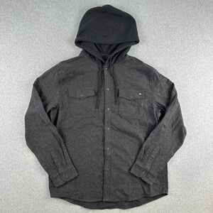 NEW Quiksilver Flannel Men's Large Black Shacket Jacket Hood Long Sleeve Cotton